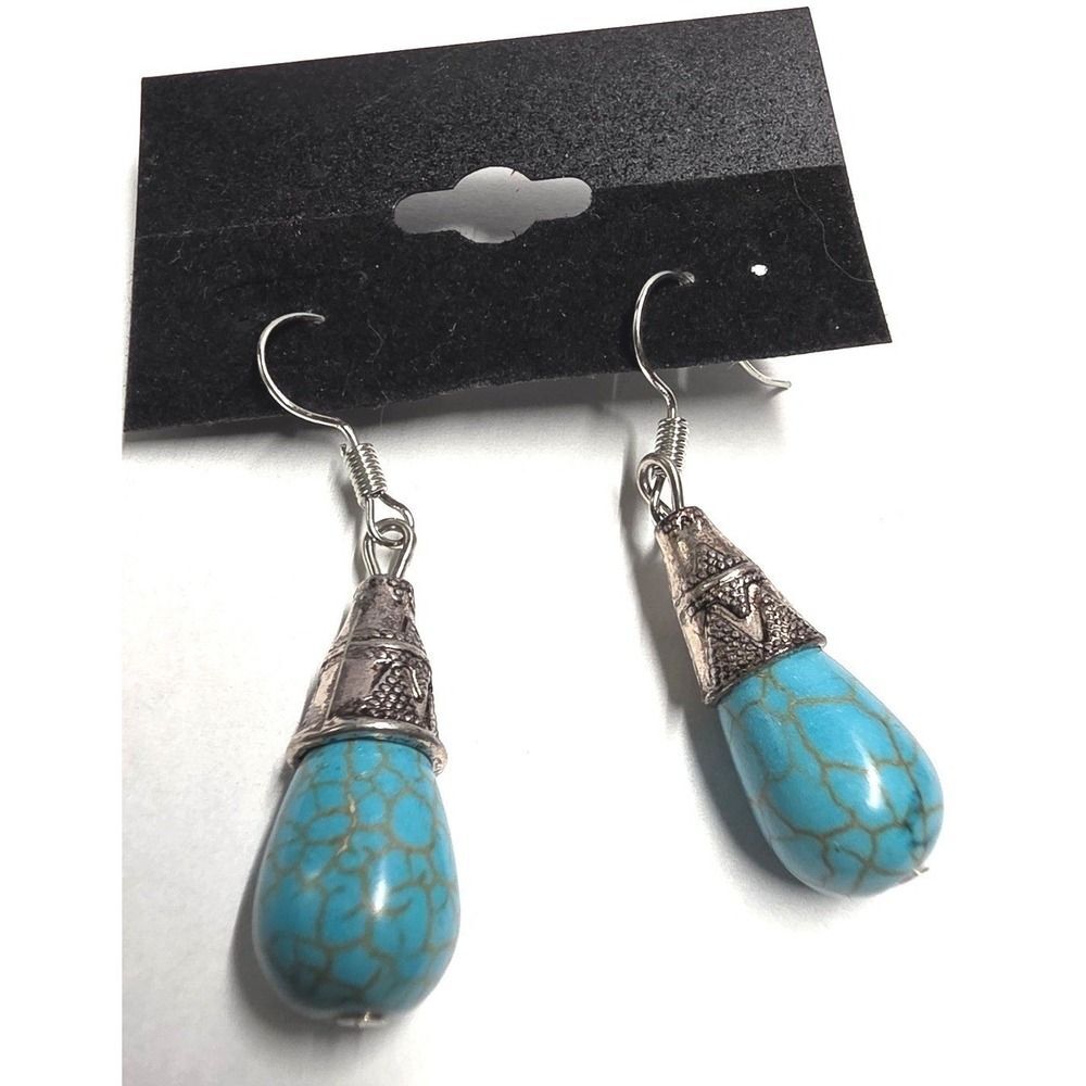 New Vintage Teardrop Faux Turquoise Stone Dangle Earrings Silver Tone Hook Boho